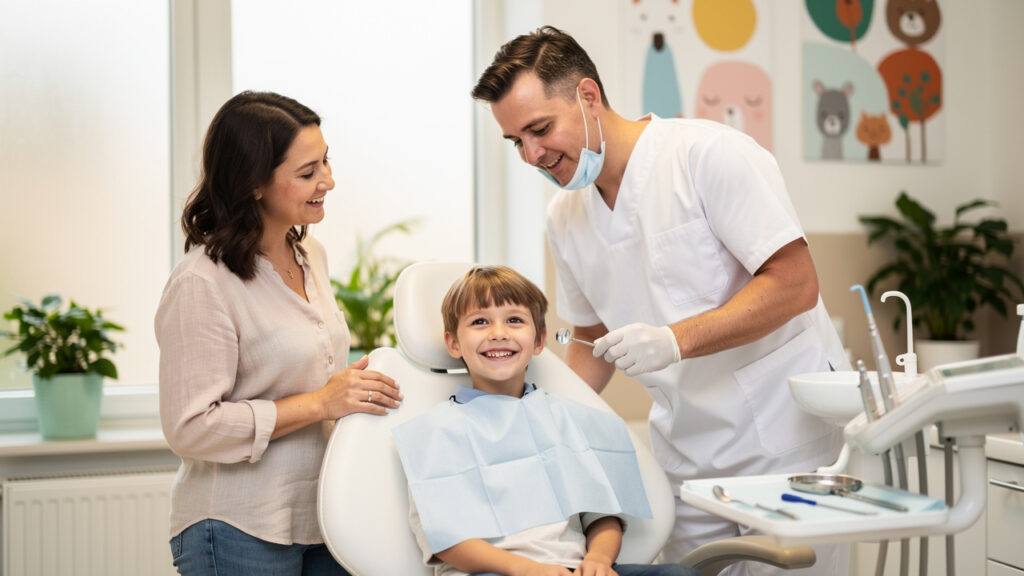 Smiling child in dental chair with friendly dentist