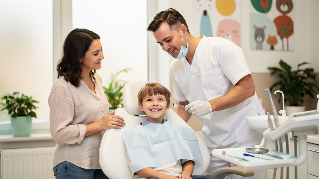 Smiling child in dental chair with friendly dentist