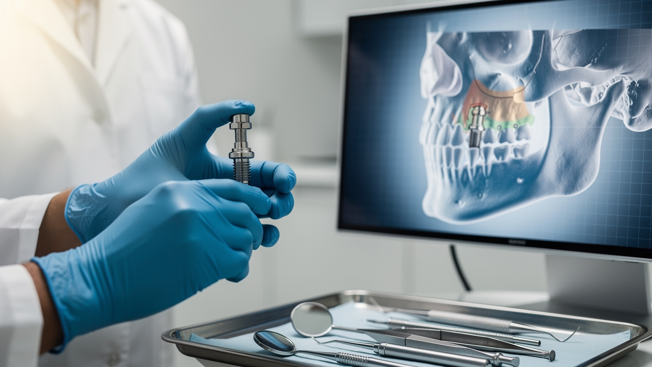 Dentist holding tooth implant model beside 3D jaw scan