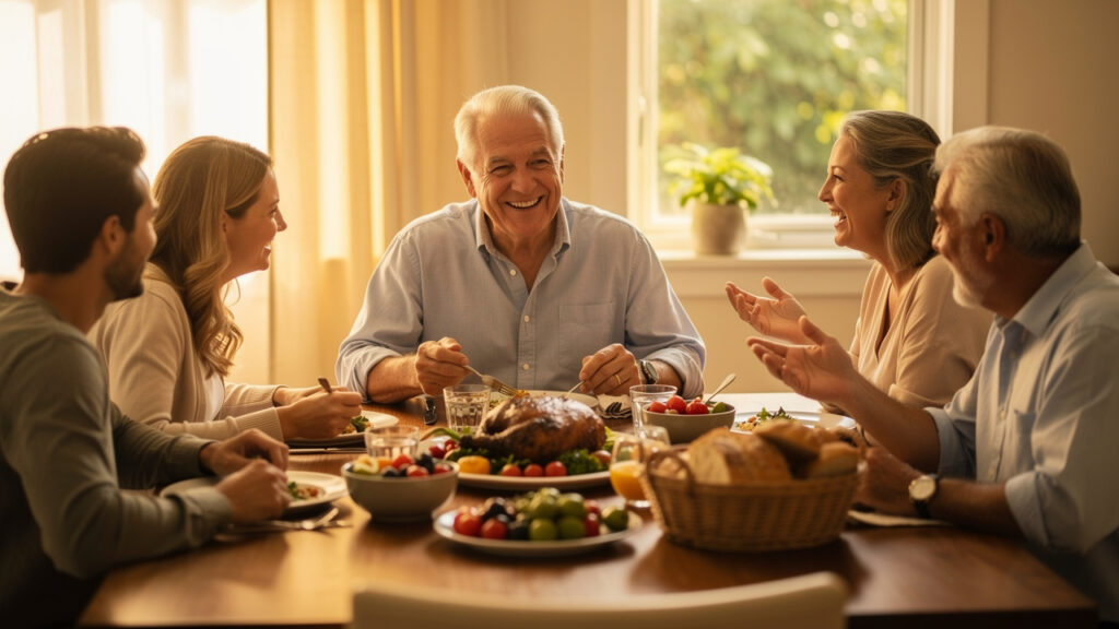 Older adult smiling confidently during family meal together