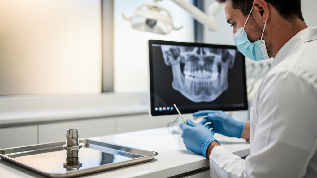 Dentist reviewing 3D jaw scan for dental implant consultation