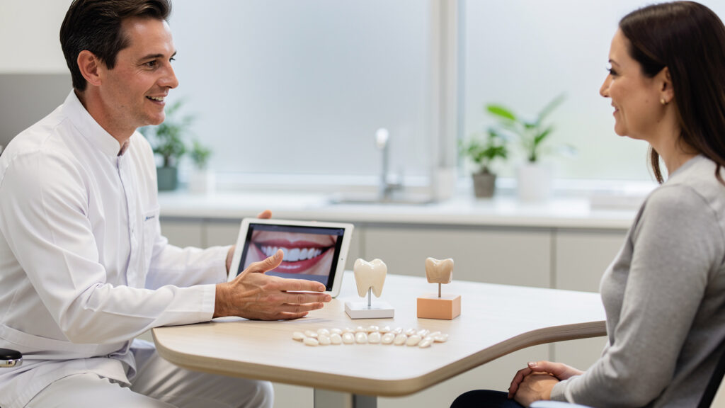 Dentist and patient comparing crown filling and veneer options