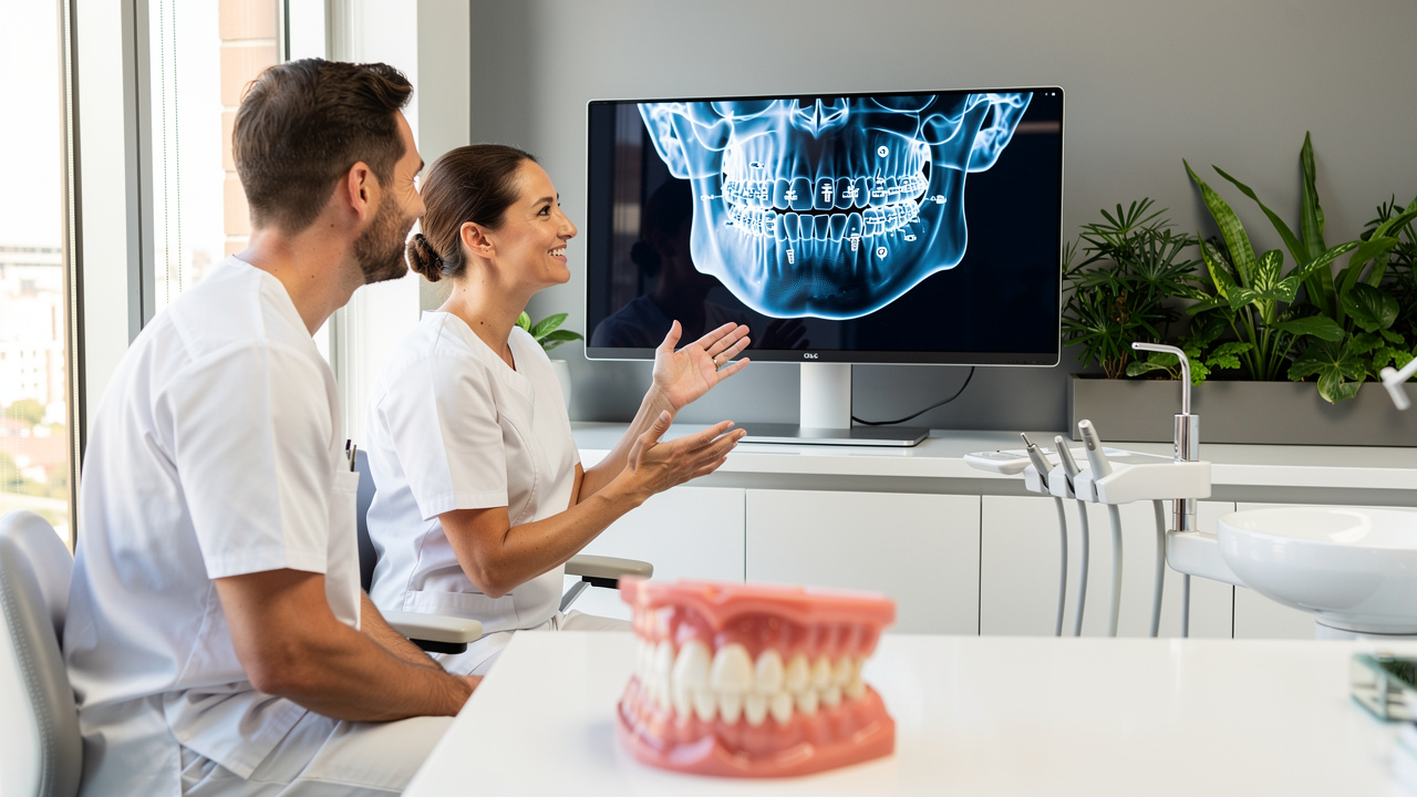 Dentist and patient reviewing full-arch dental implant options