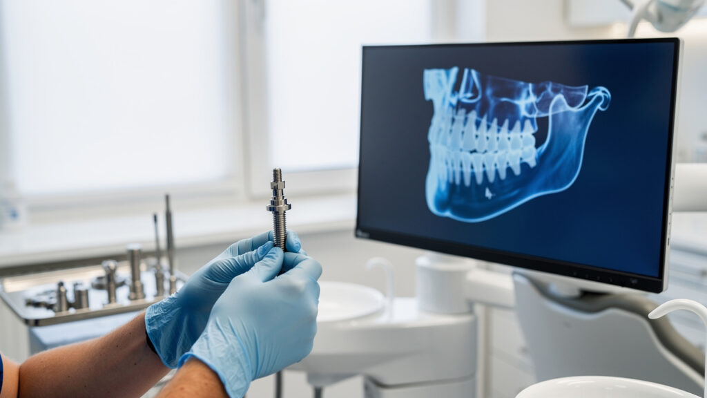 Dentist holding dental implant model next to 3D jaw scan