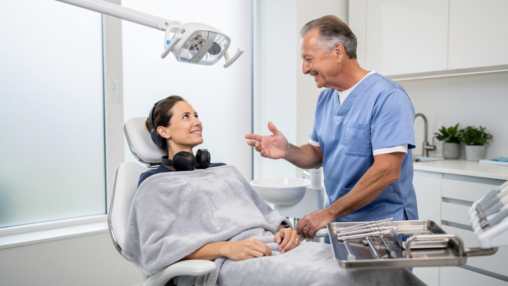 Calm patient relaxing in modern dental clinic chair