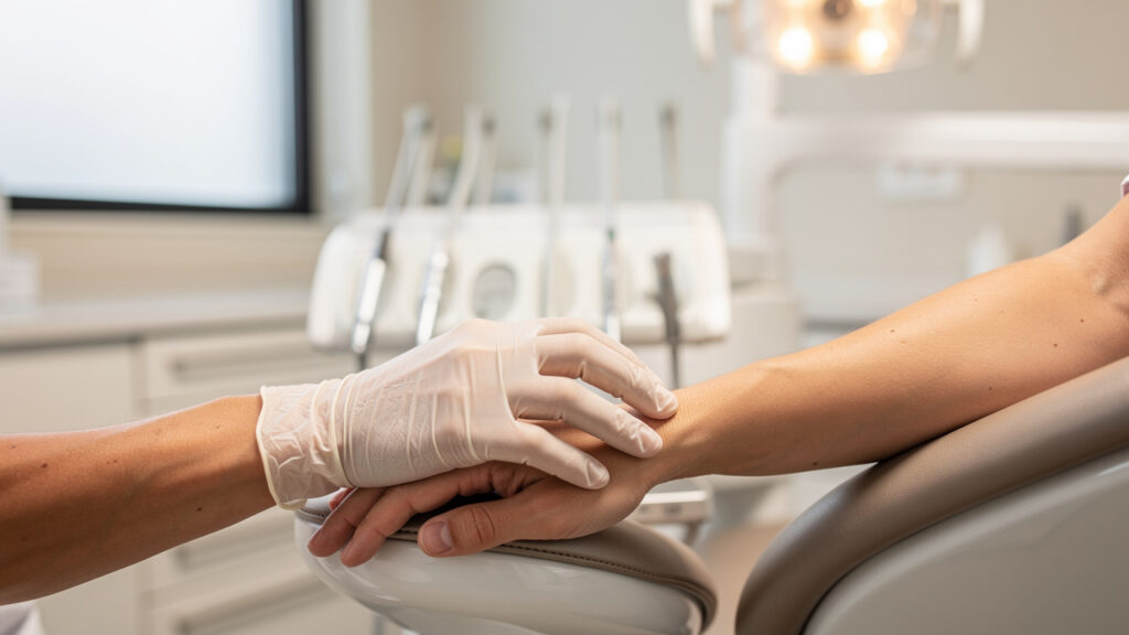 Dentist reassuring anxious patient during calm dental consultation