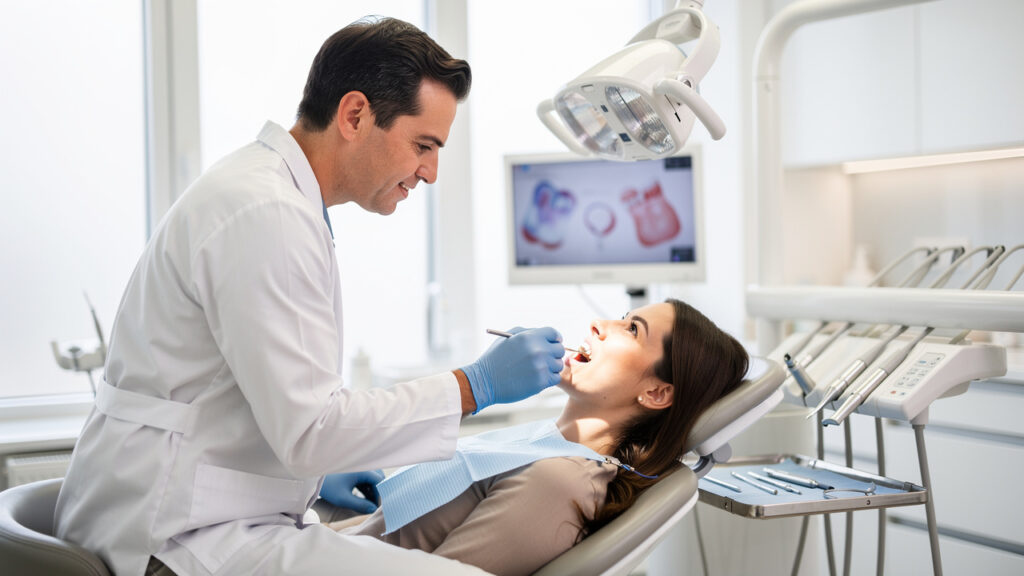 Friendly dentist performing routine dental checkup on relaxed patient