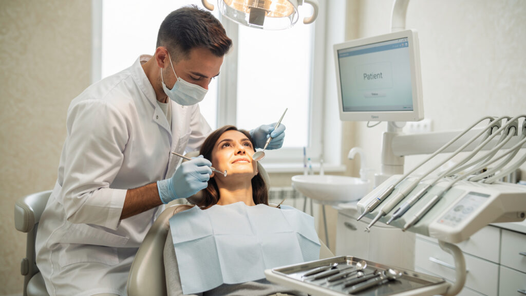 Friendly dentist performing gentle dental check-up on relaxed patient