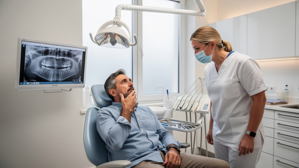 Patient and dentist during toothache consultation in modern clinic