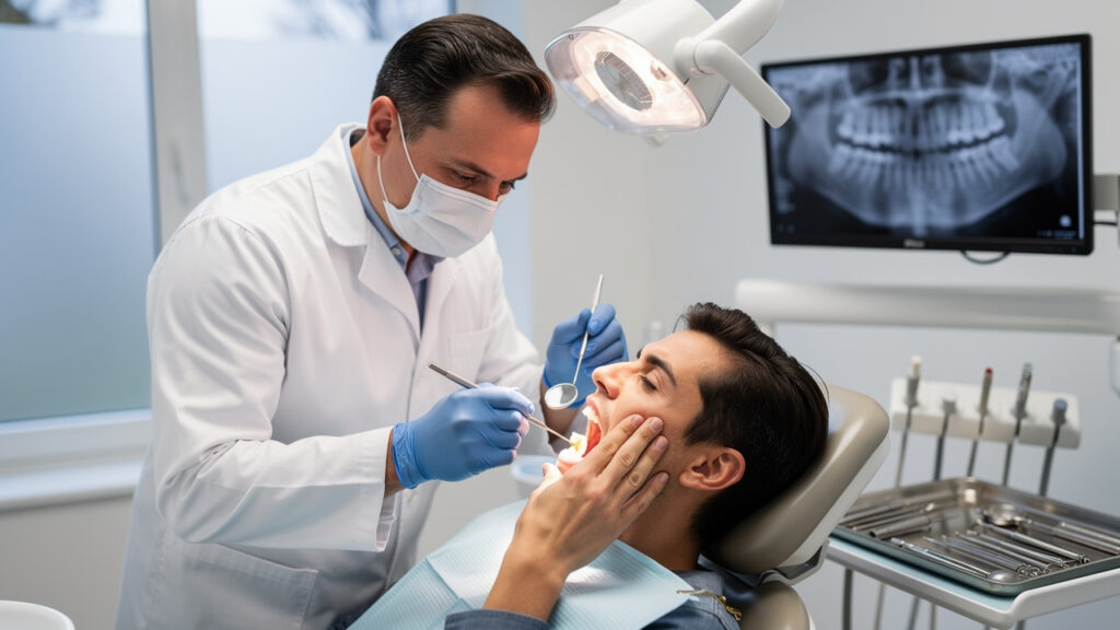 Dentist examining patient's broken tooth in dental clinic