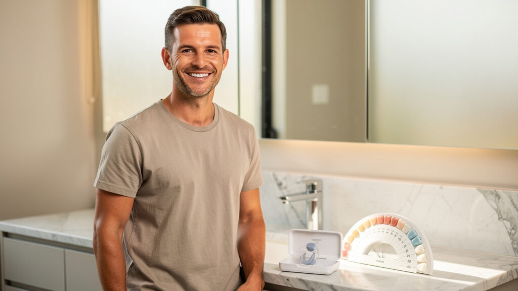 Adult smiling confidently after professional teeth whitening treatment