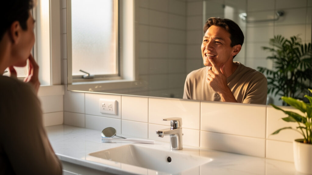 Adult calmly checking chipped tooth in bathroom mirror
